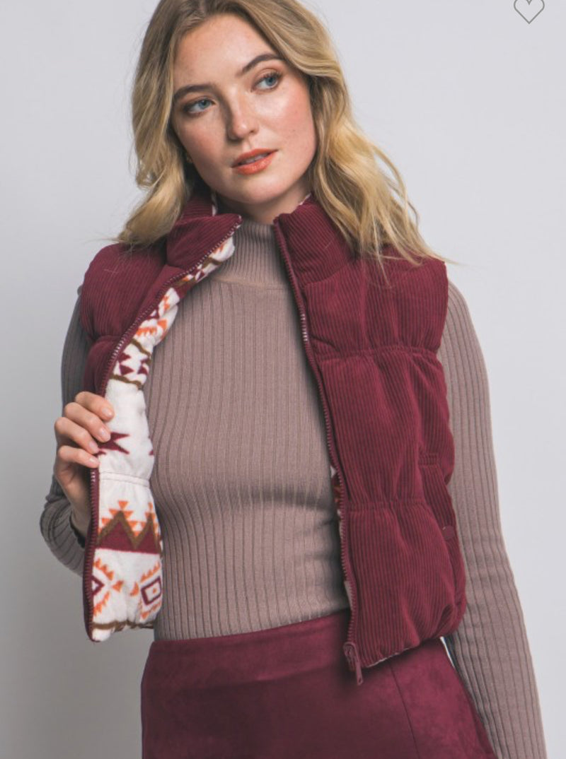 Reversible Corduroy & Aztec Puffer Vest