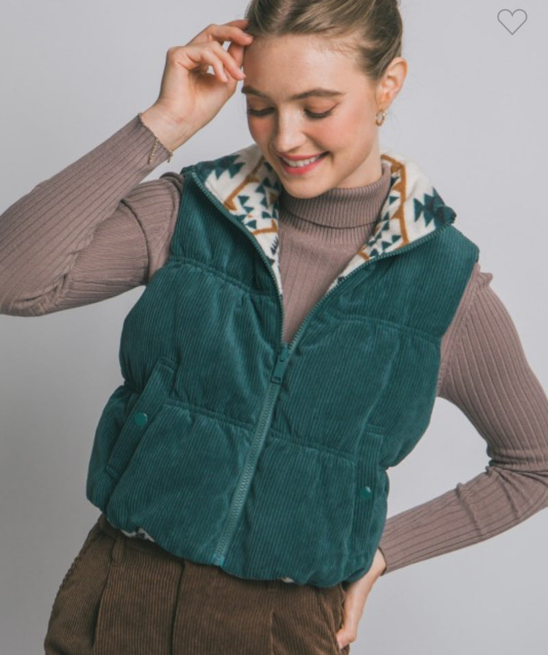 Reversible Corduroy & Aztec Puffer Vest