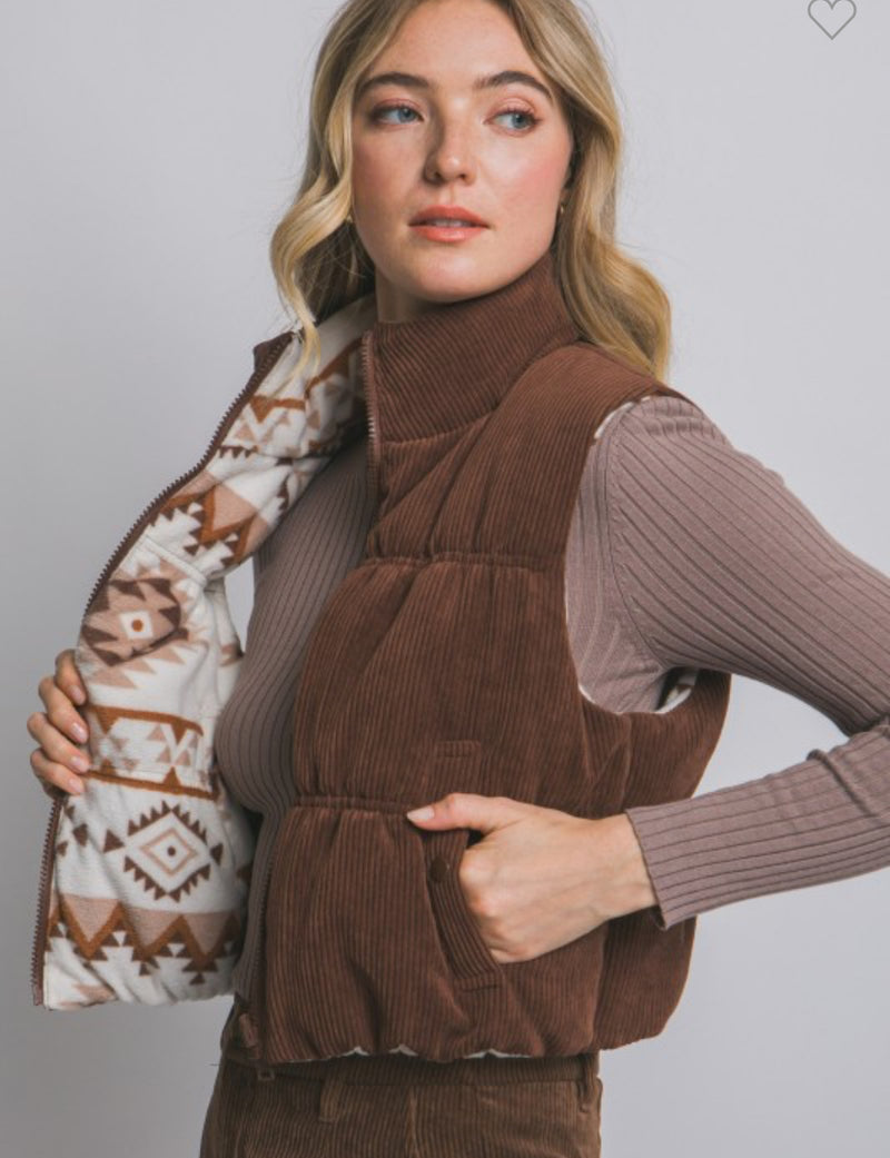 Reversible Corduroy & Aztec Puffer Vest
