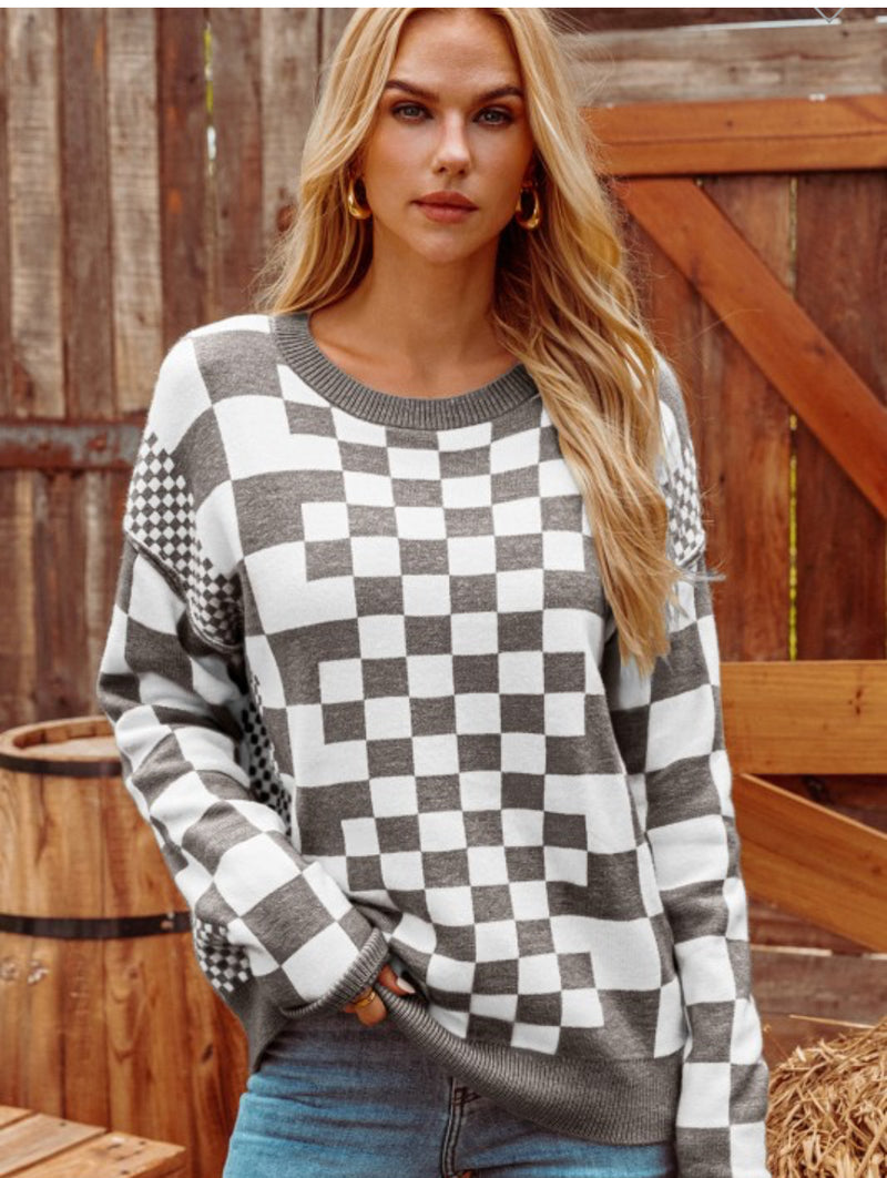 Checkered Drop Shoulder Sweater