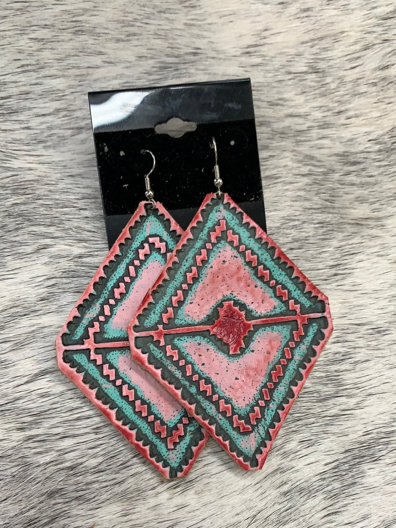 Turquoise & Pink Leather Earrings