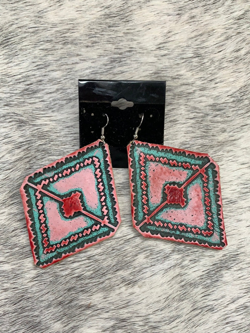 Turquoise & Pink Leather Earrings